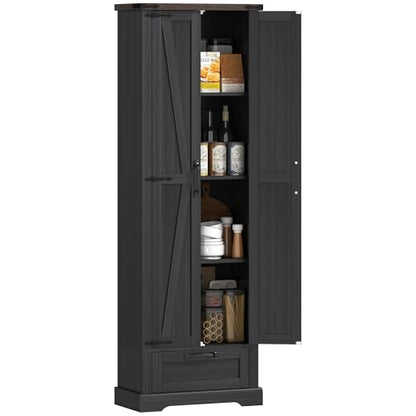 HOMCOM 71" Tall Kitchen Pantry Storage Cabinet Barn Doors Drawer Black | Farmhouse, Adjustable Shelves, Freestanding Food Pantry Cabinet, for Kitchen, Dining Room - color: Black