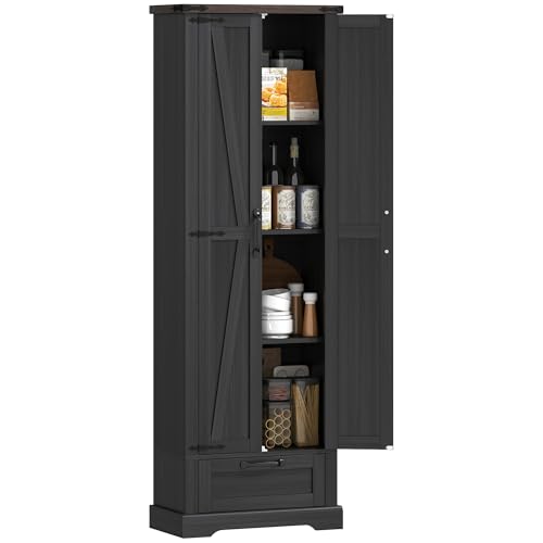 HOMCOM 71" Tall Kitchen Pantry Storage Cabinet Barn Doors Drawer Black | Farmhouse, Adjustable Shelves, Freestanding Food Pantry Cabinet, for Kitchen, Dining Room - color: Black