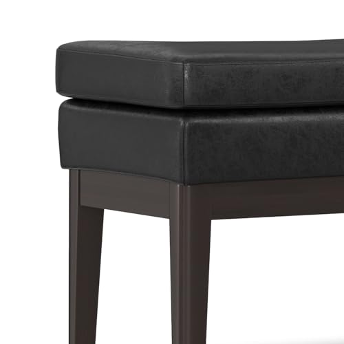 SIMPLIHOME Carlson 45" Wide Vegan Leather Rectangle Ottoman in Black | Distressed black, mid-century modern ottoman bench with a padded seat for bedroom or living room; footstool, footrest. - color: Distressed Black, style: Ottoman Bench