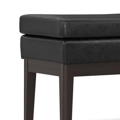 SIMPLIHOME Carlson 45" Wide Vegan Leather Rectangle Ottoman in Black | Distressed black, mid-century modern ottoman bench with a padded seat for bedroom or living room; footstool, footrest. - color: Distressed Black, style: Ottoman Bench