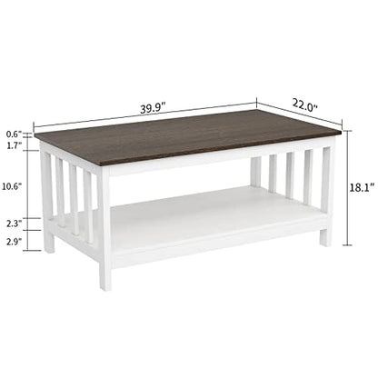 ChooChoo Farmhouse Coffee Table, White Living Room Table with Shelf, 40 Inch - color: White, size: 22"D x 39.9"W x 18.1"H