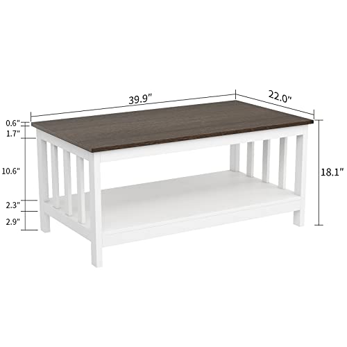 ChooChoo Farmhouse Coffee Table, White Living Room Table with Shelf, 40 Inch - color: White, size: 22"D x 39.9"W x 18.1"H