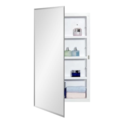 Plastic Medicine Mirror Cabinet for Bathroom 18 x 28 inch, Surface and Recessed Mount - color: White, size: 18x28 inch Beveled Edge Mirror