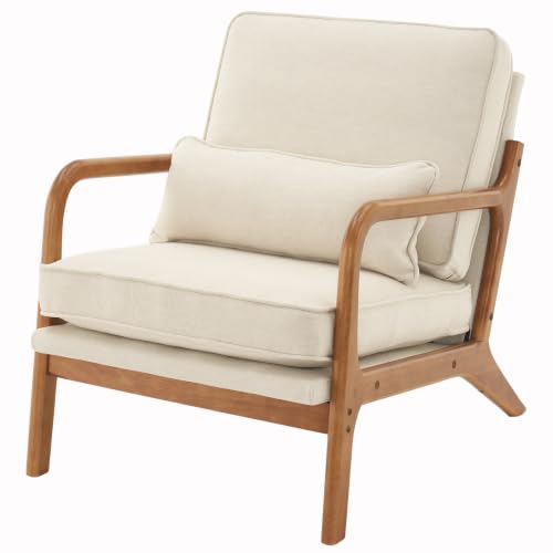 Karl home Mid-Century Modern Accent Reading Chair, Beige | Linen Upholstered, Solid Wood Frame, Soft Cushion, Lumbar Pillow, Lounge Armchair for Living Room, Bedroom, Balcony, Study - color: Linen Beige