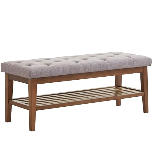 HUIMO Upholstered Entryway Shoe Bench, Button Tufted End of Bed Bench, Grey | with Solid Wood Slatted Shelf, Padded Ottoman Bench for Bedroom, Living Room, Entryway - color: Grey, style: French Country