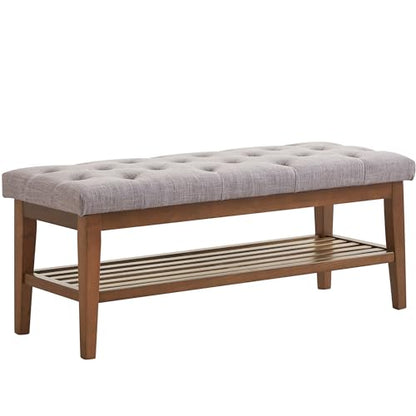 HUIMO Upholstered Entryway Shoe Bench, Button Tufted End of Bed Bench, Grey | with Solid Wood Slatted Shelf, Padded Ottoman Bench for Bedroom, Living Room, Entryway - color: Grey, style: French Country
