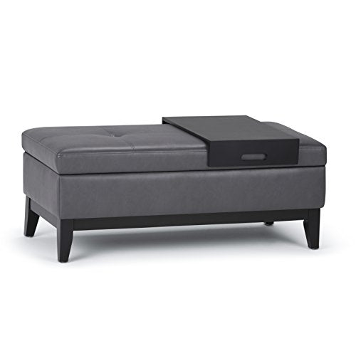SIMPLIHOME Rebecca 36" Wide Linen Look Fabric Storage Ottoman in Cloud Grey | Modern/contemporary tufted ottoman with tray and lift-up lid; square storage bench for living room or bedroom. - color: Stone Grey