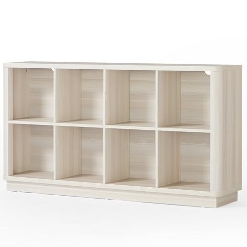Joaxswe 8 Cube Storage Bookcase, 52" Long Horizontal Book Shelf w/Curved Edge, Wood Low 2-Tier Cubby Console Bookshelf with Base, Modern Floor Standing TV Stand for Living Room, Gray-White Cream Oak - color: Gray-white Cream Oak, size: 8 Cube (11.81"D x 5