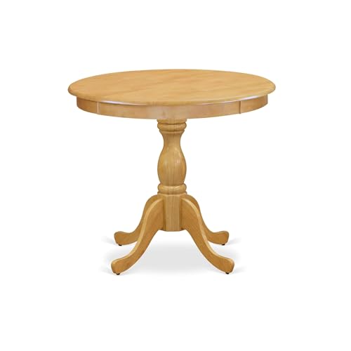 BOWERY HILL Traditional Round Wood Dining Table, Oak Finish, 30" H x 36" W x 36" D, Pedestal Legs, Solid Asian Construction, Elegant Design for Kitchen or Dining Room - color: Oak