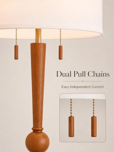 MOFFE Solid Wood Floor Lamp for Living Room,Pull Chains Standing Lamp | 62.8" Tall,17" White Drum Shade,Sculptural Wood Base & Stem,2-Light Design,Standing Lamp for Bedroom,2 Bulbs Included - color: Amber Walnut
