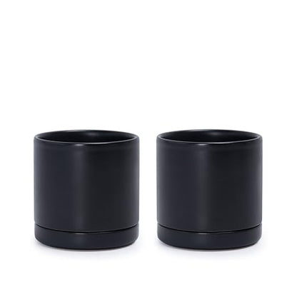 D'vine Dev 2-Pack Ceramic Pots with Saucers, Black, 3.5 in, 94-V-A-2 | Modern Cylinder Design, Glazed Ceramic, Drainage Hole & Saucer Included, High Temperature Fired, Elegant Home Accent - color: Black, size: 3.5 Inch