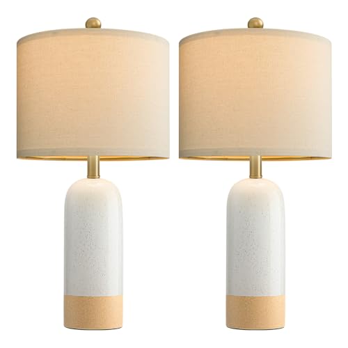 PoKat 24'' White Ceramic Table Lamps Set of 2, Farmhouse for Living Room | Modern Bedside Lamps for Bedroom, Two-Tones Design, Earthy Yellow Base, Splatter Pattern, Boho Lamps for Nightstand, Entryway - color: White & Earthy Yellow