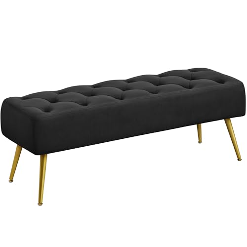 Yaheetech 45in Upholstered Velvet Ottoman Bench Seat with Gold Legs, Black | Tufted Upholstered Bench Seat, Bed Bench with Tapered Gold Metal Legs, Sized for Window Seat Entryway Living Room - color: Black