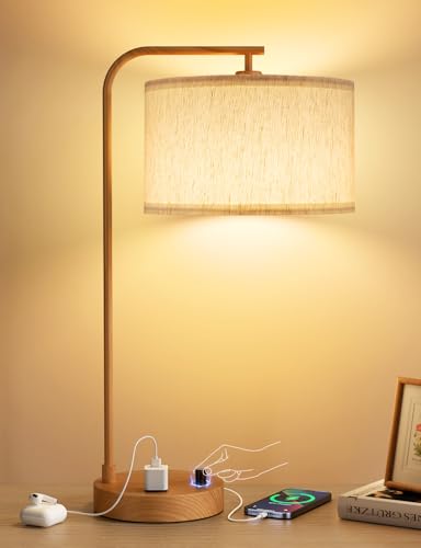 Innqoo Wood Table Lamp for Bedroom with USB Port and Outlet, Dimmable Nightstand Bedside Lamps with Linen Lampshade, Desk Lamp for Home Office, Living Room, Guest Room, LED Bulb Included - color: F-Beige Shade & Wood Base