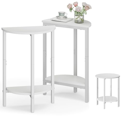 Side Table, Small Round End Table, Set of 2 Half Round Side Table Half Moon Tables, Circle Table Small Round Coffee Table for Living Room, Thin Accent Sofa Table Narrow Entryway Tables, White - color: White