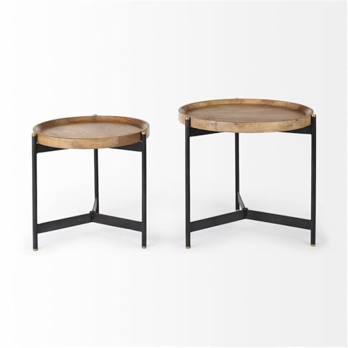 Pemberly Row Nesting Side Tables, 22.5Lx22.5Wx20.8H, Mango Wood Tray Tops, Foldable Black Metal Frames with Gold Accents, Compact Storage, Versatile Accent Tables for Living Room or Bedroom Use