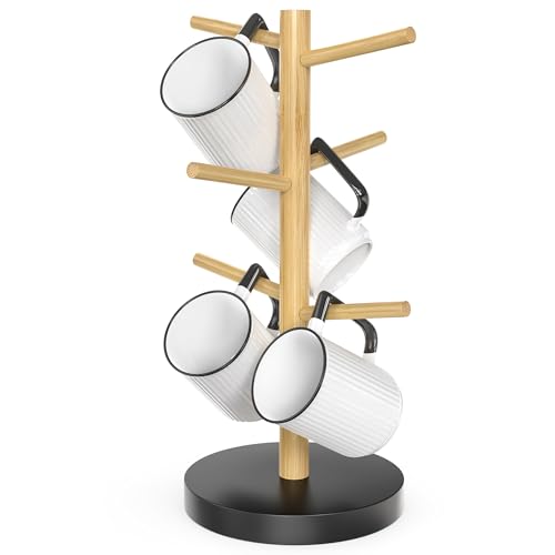 Bamboo Coffee Mug Tree with 6 Hooks, Coffee Cup Holder for Countertop | Decorative Bamboo Mug Holder with 6 Hooks, Non-Slip Wooden Base, Easy-Access Mug Rack for Kitchen Coffee Bars Kitchen - color: Black Natural (6 Hooks)
