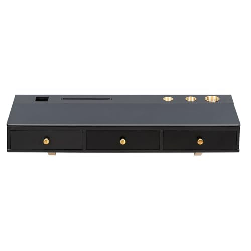 47" Floating Shelf with Drawer, Multi-Purpose Wall-Mounted Vanity Table, Mounted Desk, Floating Table for Bedroom, Bathroom, Hairdressers, Black and Golden (Black + MDF+Glass + 3 Drawers)
