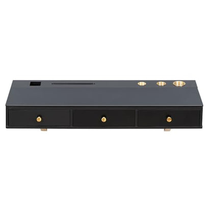 47" Floating Shelf with Drawer, Multi-Purpose Wall-Mounted Vanity Table, Mounted Desk, Floating Table for Bedroom, Bathroom, Hairdressers, Black and Golden (Black + MDF+Glass + 3 Drawers)