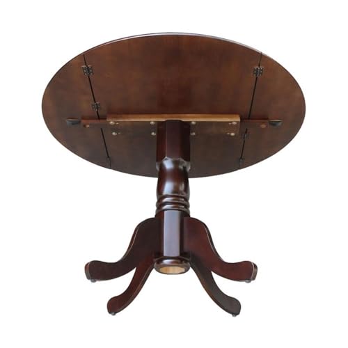 IC International Concepts, 42" Round Dual Drop Leaf Pedestal Dining Table, Solid Real Wood, Sturdy Parawood, Rich Mocha - color: Rich Mocha