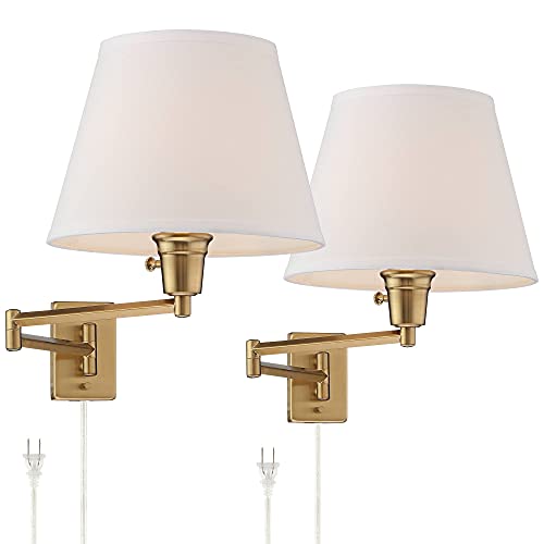 Valentine Warm Gold Swing Arm Plug-In Wall Lamps Set of 2 Light Fixture | Modern White Linen Hardback Shade for Bedroom Bedside House Reading Living Room Home Hallway Dining