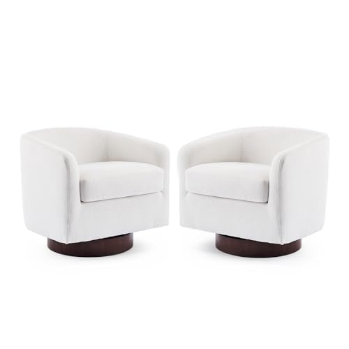 VINGLI 360°Swivel Accent Chairs Set of 2 with Engineered Wood Base and Removable Cushion for Living Room, Bedroom, Curved Back Barrel Chairs for Small Space, Upholstered Bucket Armchairs, Linen Beige - color: Linen-beige