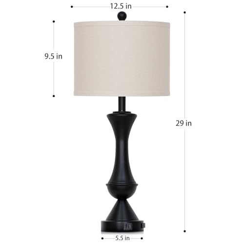 29" Black Tall Table Lamps for Living Room, Touch Control Bedroom Lamp with USB A+C Ports, 3-Way Dimmable Bedside Table Lamps Set of 2, Modern Metal Lamp for Nightstand - color: Black-2Pack
