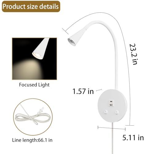 White Headboard Reading Light, 2 Pack Led Wall Mounted Book light, Bedroom Reading Lamp, USB Output, Night Light & Switch, Wall Sconce for Bedtime Reading, Gooseneck Headboard Bed Lights Wall Sconce - color: White-2 Pack