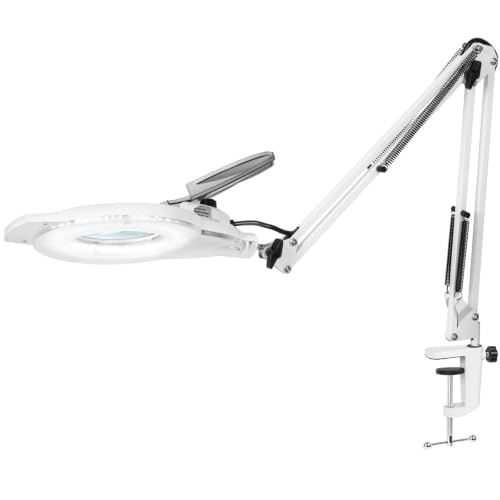 KIRKAS LED Magnifying Lamp with Clamp, 2,200 Lumens Dimmable 28in 12X | Magnifying Glass with Light for Repair Reading Craft Needlework Workbench Magnifier Dust Cover Adjust Swivel Arm - color: White 28in