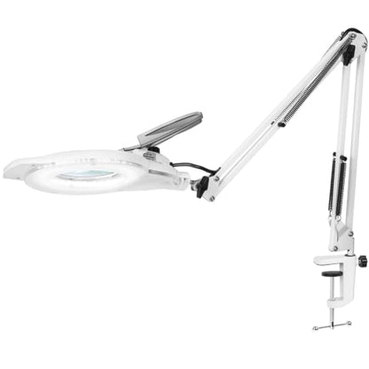 KIRKAS LED Magnifying Lamp with Clamp, 2,200 Lumens Dimmable 28in 12X | Magnifying Glass with Light for Repair Reading Craft Needlework Workbench Magnifier Dust Cover Adjust Swivel Arm - color: White 28in
