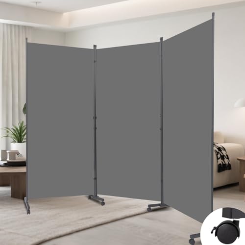 Folding Room Divider W/Wheels,Heavy Duty Base Privacy Screen Separator | 360° Smooth Lockable Rolling Wheels,Foldable Freestanding Wall Divider,Easy Movable Partition for Room Partition - color: Grey, size: B-102''-3 Panel