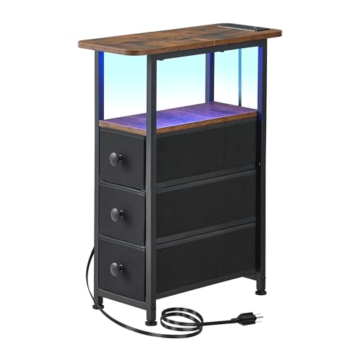 Narrow End Table with Charging Station, Narrow Side Table with Drawer, Small Nightstand with LED Light, Skinny Nightstand, Small Bedside Table for Living Room, Bedroom, Couch, Rustic Brown - color: Rustic Brown, size: 7.9" W x 18.9" D, style: Power + Ligh