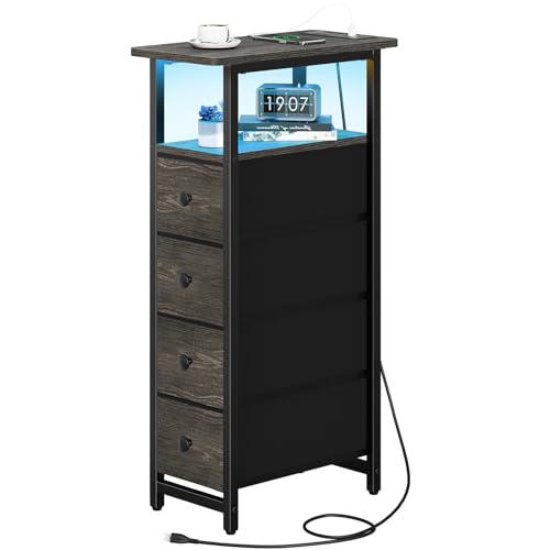 Yoobure LED Narrow Nightstand with Charging Station - Slim Dresser for Bedroom Narrow Side Table Storage Cabinet, Small Dressers Chest of Drawers, Tall Skinny Night Stand End Table for Small Spaces - color: Grey