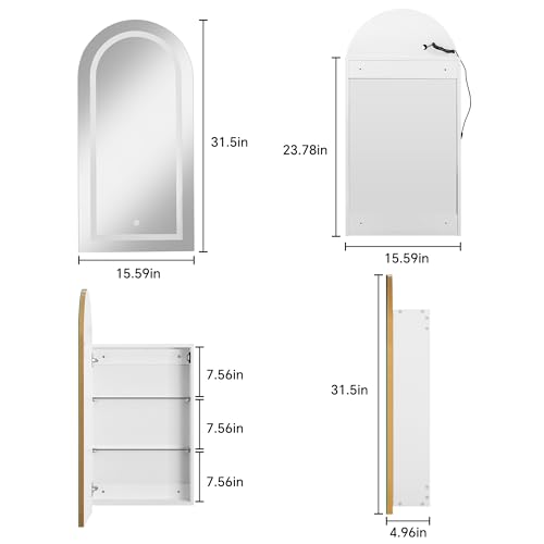 FUSUNBAO Arched Medicine Cabinet with LED Light, Recessed Black Bathroom Mirror Cabinet with Integrated Storage, Wall-Mounted Mirror Medicine Cabinet (White) - color: White, size: Arched