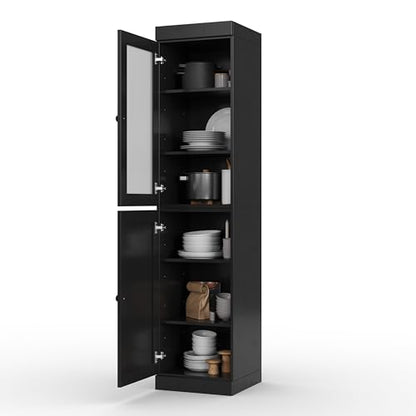 100% Solid Wood 16.5"" Pantry Cabinet with Raised Panel Doors & Adjustable Shelves - color: Black, style: Frosted Glass Top Door / Shaker Bottom Door Hybrid