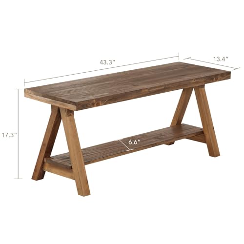 Wnutrees 43" Farmhouse Solid Wood Bench, Rustic Indoor Storage Bench | Entryway Seat for Living Room, End of Bed, Hallway, Original Natural Wood Finish, Sturdy Construction - size: 43" wood bench