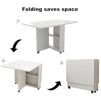 Folding Drop Leaf Dining Table with 6 Wheels & 2-Tier Storage Shelf, Space Saving Convertible Table for 2-6 People, Portable Kitchen Table or Desk for Small Apartments, White