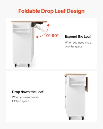 VEVOR Kitchen Island Cart with Storage, 60in Wide Mobile Kitchen Cart with Wheels, Drop Leaf, 2 Drawers, Trash Can Cabinet, Knife Holder, Spice Rack, and Towel Rack, Table for Dining Room, Pantry - size: 60.24"D x 27.56"W x 35.43"H, style: Moveable 1 Cash