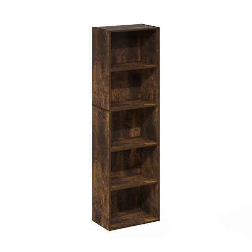 Furinno LUDER Book Shelf, 5-Tier Bookshelf, Bookcase with Open Shelves, 9.4 x 15.8 x 52, Easy Assembly, for Living Room, Bedroom, Home Office, Amber Pine - color: Amber Pine, size: 5-Tier