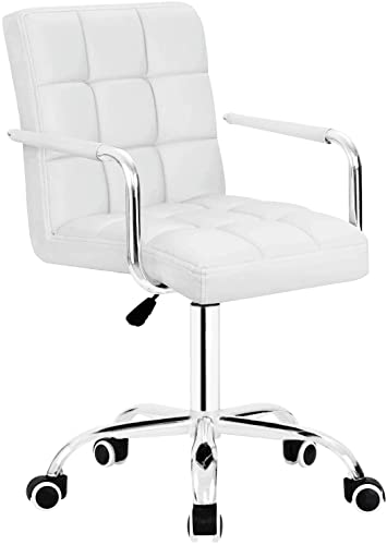 JUMMICO Vanity Modern Office Chair with Wheels White Desk Chair PU Leather Mid-Back Rolling Cute Task Chair for Office, Teen,Make Up,Bedroom Desks (White) - color: White