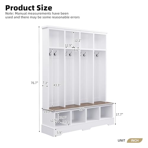Merax Farmhouse Hall Tree with Bench and Shoe Storage, 59" Entryway Bench with Coat Rack, 8 Hooks and Top Compartments, 3-in-1 Entryway Hall Tree for Hallway, Living Room, White - color: White