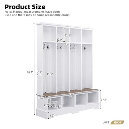Merax Farmhouse Hall Tree with Bench and Shoe Storage, 59" Entryway Bench with Coat Rack, 8 Hooks and Top Compartments, 3-in-1 Entryway Hall Tree for Hallway, Living Room, White - color: White