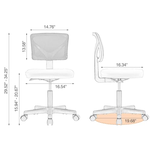 Armless Desk Chairs, Ergonomic Low Back Computer Chair | Adjustable Rolling Mesh Task Work Swivel Chairs with Wheels Work Vanity Chair for Small Spaces Home Bedroom Study,Grey