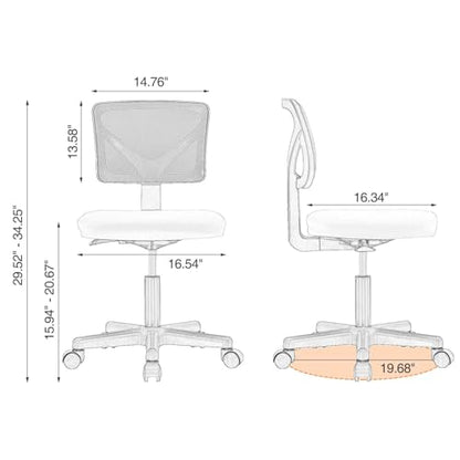 Armless Desk Chairs, Ergonomic Low Back Computer Chair | Adjustable Rolling Mesh Task Work Swivel Chairs with Wheels Work Vanity Chair for Small Spaces Home Bedroom Study,Grey