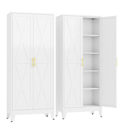 GAIOUS 71" Tall Kitchen Pantry Cabinet,Metal Storage Cabinet White Cupboard | Steel Office Cabinet, Freestanding Bookcase with 2 Doors and 4 Adjustable Shelves, Bathroom Kitchen Home Garage Tool Cabinet - color: White, size: 14.96"D x 29.52"W x 71"H