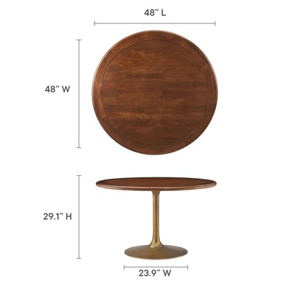 Modway Lippa 48 Inch Round Wood Dining Table with Metal Pedestal in Brass Walnut - Modern Industrial Dining Table for 4 People - Solid Wood Tulip Kitchen Table - color: Brass Walnut, size: 48" Round