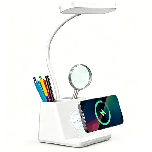 Desk Lamp with Fast Wireless Charger, College Dorm Room Table Light | 18 in, Adjustable LED, White, Small, Cute, for Home Office, with Charging Station, Pencil Holder