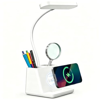 Desk Lamp with Fast Wireless Charger, College Dorm Room Table Light | 18 in, Adjustable LED, White, Small, Cute, for Home Office, with Charging Station, Pencil Holder
