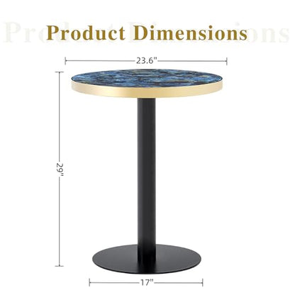 TesNus 23.6" Small Round Dining Table for 2, Circle Tulip Table, Faux Marble Top with Black Metal Pedestal Base, Modern Leisure Coffee Table for Small Spaces, Cafe, Office, Blue&Black - color: Blue Top&black Base