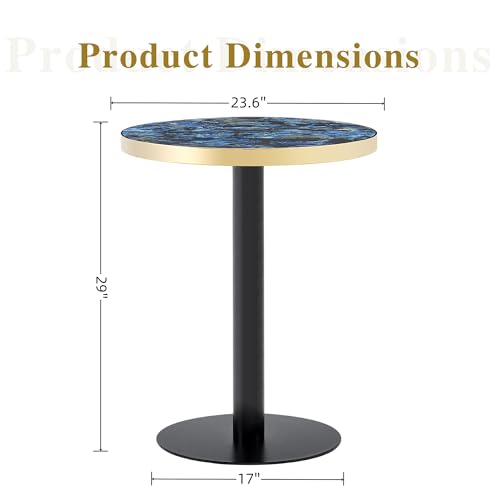TesNus 23.6" Small Round Dining Table for 2, Circle Tulip Table, Faux Marble Top with Black Metal Pedestal Base, Modern Leisure Coffee Table for Small Spaces, Cafe, Office, Blue&Black - color: Blue Top&black Base